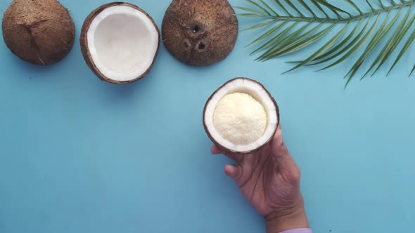 Slice of Fresh Coconut on a Blue Background