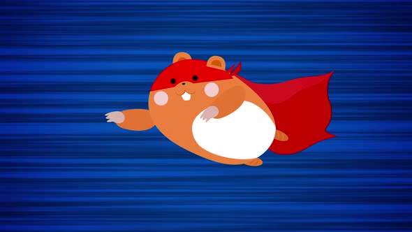 Flying hamster on blue background. Looped animation of jumping mammal. Anime style moving hamster