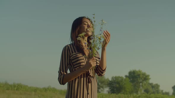 Relaxed Charming African American Female Smelling Wildflowers in Nature