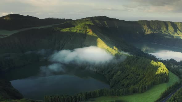 Lake Azul and Verde in Craters of Dormant Volcano Sao Miguel Island Azores