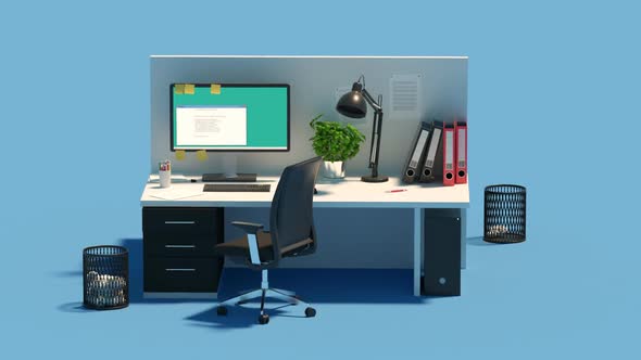 Timelapse of isolated office cubicles during busy day at work. Blue background.