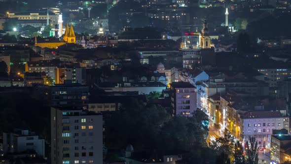 Aerial view of the historic part of Sarajevo city night timelapse.
