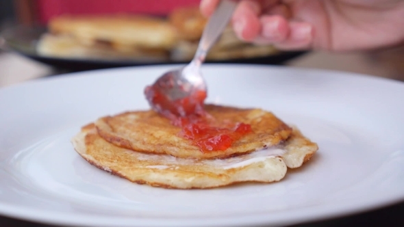 Cooking Delicious Stack Of Pancakes For Breakfast