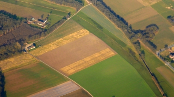 Aerial View To The Green Fields And Small Town