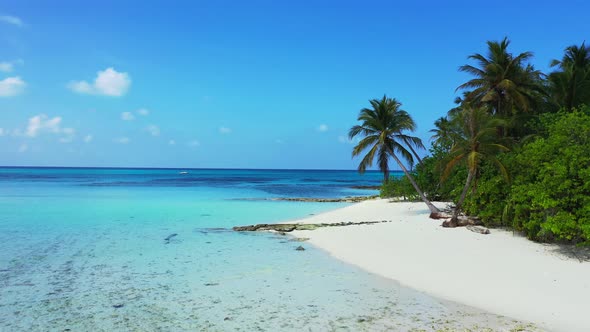 Wide aerial copy space shot of a white sand paradise beach and blue ocean background in vibrant 