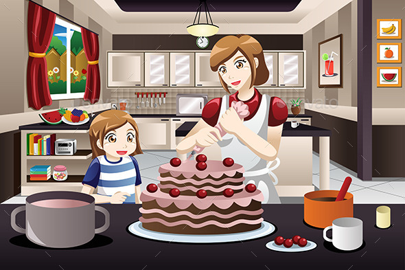 Mother Daughter Decorating a Cake