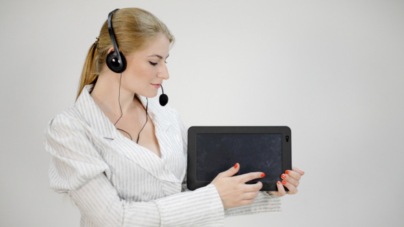 Call Center Girl Scrolling Digital Tablet Screen