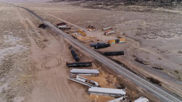 Aerial view of train car wreckage after derailment in Utah in 2021