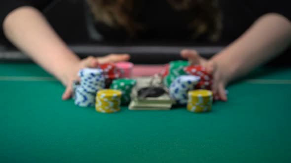 Female Poker Player Betting All Casino Chips, Believe in Success, Risky Strategy