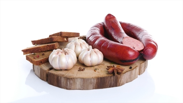Meat Delicacies On Kitchen Board Isolated White