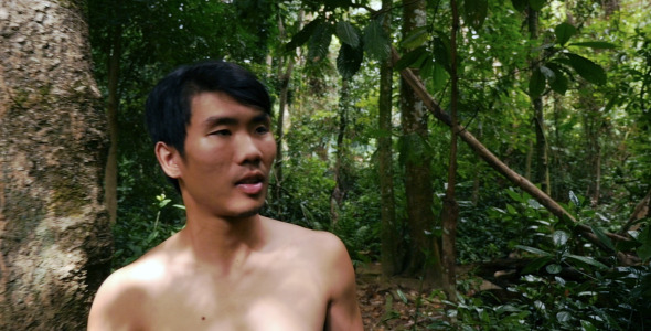 Asian Man Walking In Forest