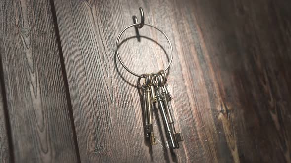 Animation of keyring with few keys hanging on a hook near the wooden doors. 4KHD