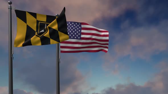 Baltimore City Flag Waving Along With The National Flag Of The USA - 2K