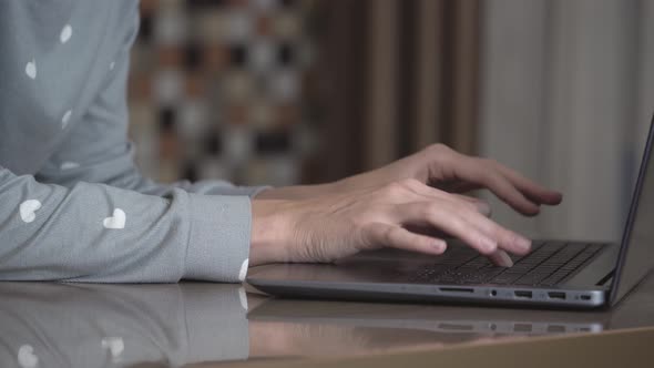 Housewife female hands are typing on a laptop close-up