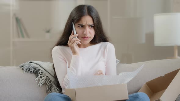 Angry Dissatisfied Client Arabic Middle Eastern Ethnic Woman Receive Broken Carton Bad Parcel