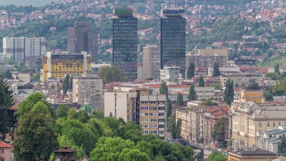 Aerial view of Sarajevo old town roofs and houses on the hills timelapse, Sarajevo