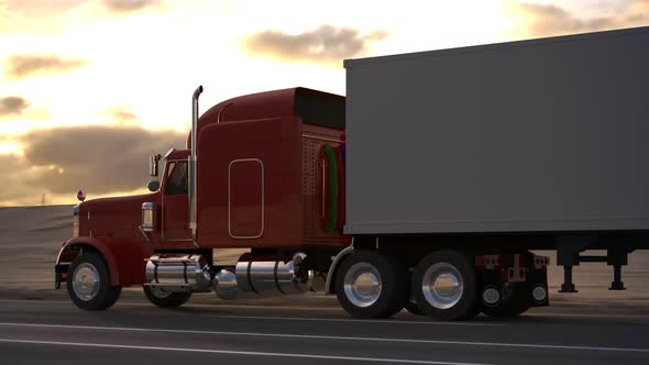 Huge semi-trailer cargo truck riding on the highway. Side view animation. HD