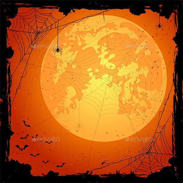 Orange Halloween Background with Spiders and Bats