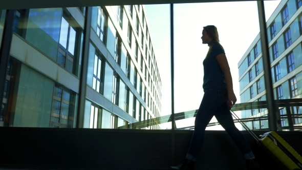 Woman With Trolley Bag Passing Hall alt