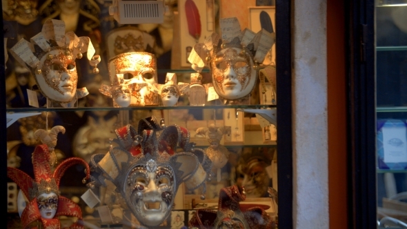 Venetian Masks In Glass Show-window
