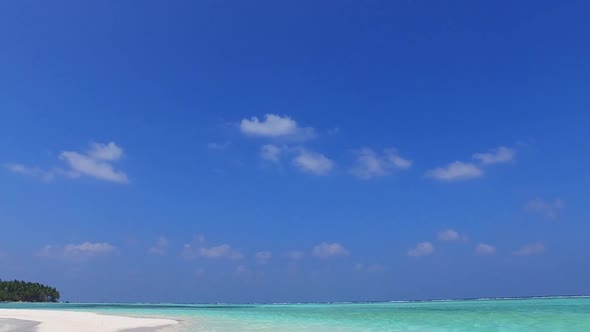 Summer tourism of shore beach by blue ocean with sand background near palms