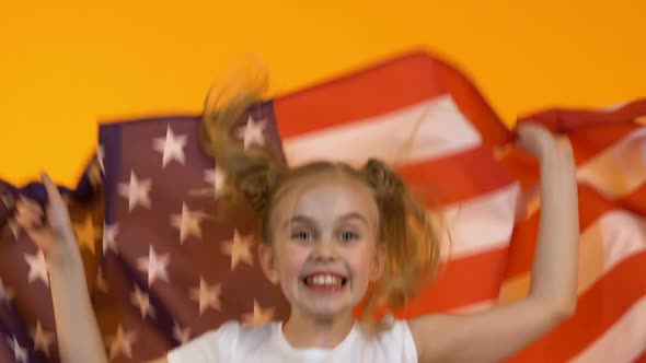 Happy Fan Kid Waving Flag of USA, Cheering for National Sports Team, Support