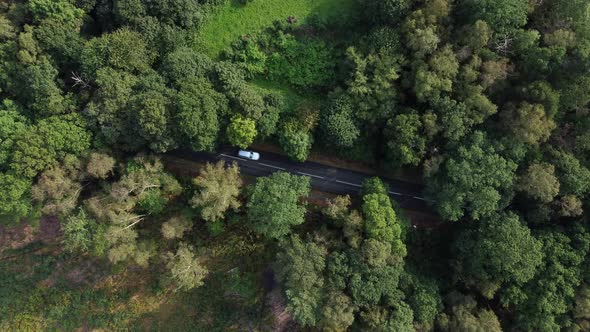 Top down aerial view descending and spinning over a countryside road and forest