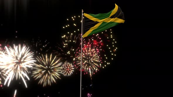 Jamaica Flag With World Globe Flags And Fireworks alt