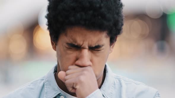 Male Portrait Sad African American Man Sick Guy Indoors Coughing Covering Mouth with Hand Sore