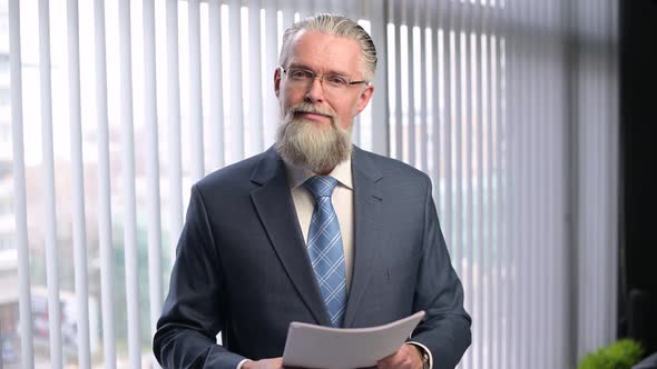 Portrait of an adult gray-haired man with documents in his hands in the office