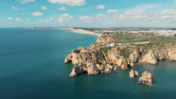 High view of Lagos Coastline stretching to horizon from Ponta da Piedade, Algarve, Portugal