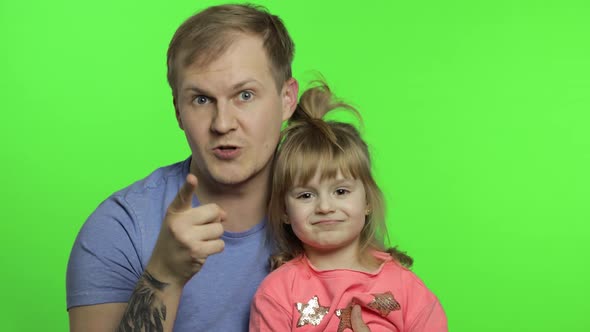 Father and Little Daughter Bloggers Talking To Camera. Chroma Key. Fathers Day