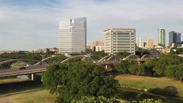 Drone footage of downtown Fort Worth Texas and Trinity River by 7th Street Bridge