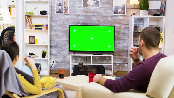 Back View of Couple Watching Tv at Home Green Screen