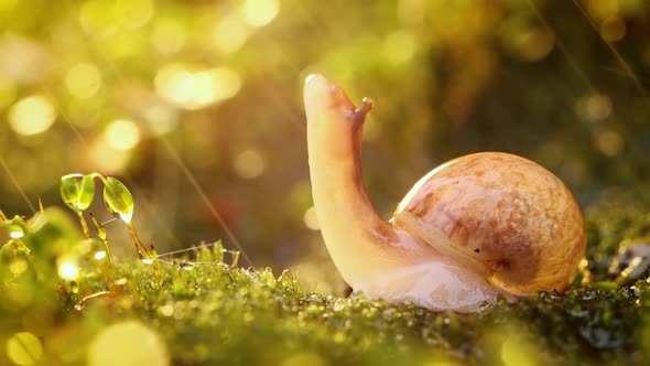 Close-up Wildlife of a Snail in Heavy Rain in the Sunset Sunlight.