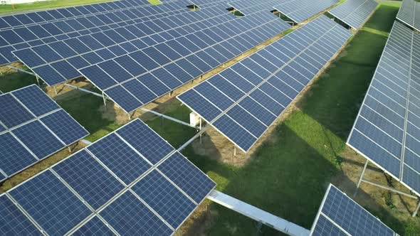 Aerial Drone View of the Solar Panels in Solar Farm for Green Energy