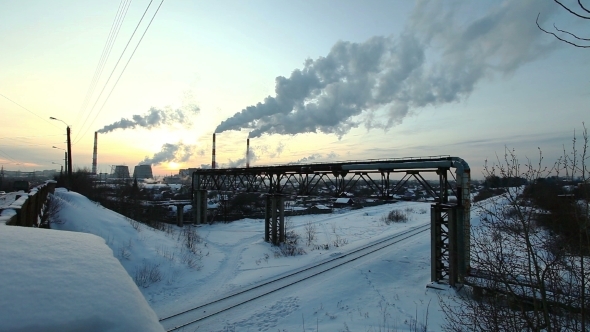 Winter Sunset With Smoke Pollution