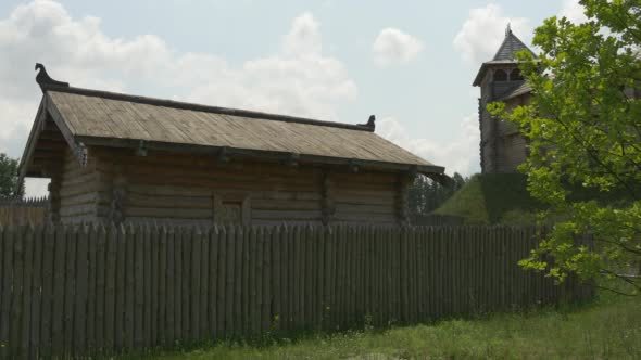 Wooden Ancient House Behind the Palisade, Tower