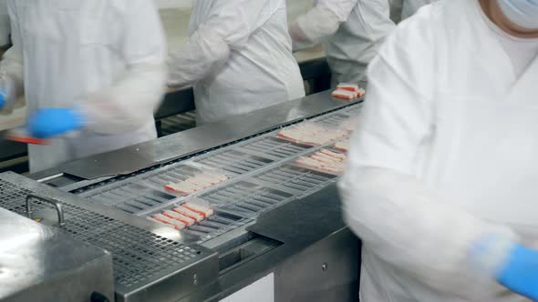 Industrial Employees Are Packaging Fish Snacks