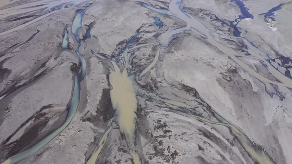 Flying Above a Huge Riverbed and Delta, Glacial River in Iceland