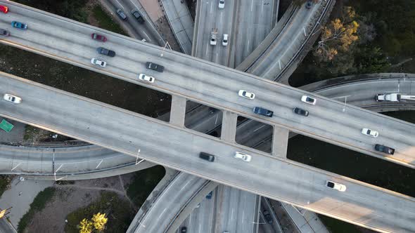 Aerial shot of a 4 level freeway interchange in Los Angeles