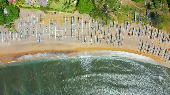 Aerial Top View on Traditional Fisherman Boats on the Sand Beach and Sea in Amed, Bali, Indonesia