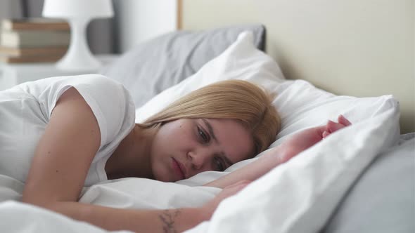 Morning Alarm Depressed Woman Waking Up Bed Phone