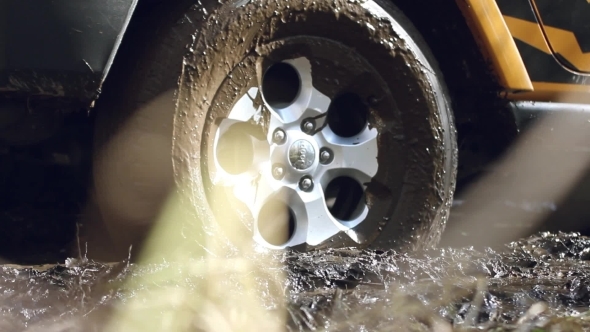 Car's Wheels In Mud In The Forest, Off-road. SUV