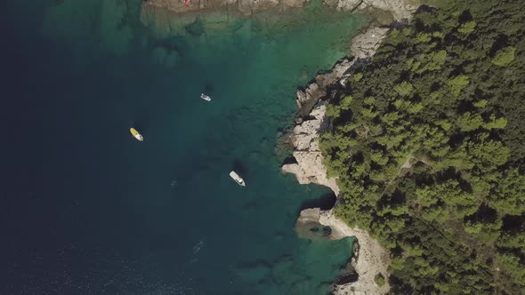 Mediterranean Coastline With Boats And Forest. Flat Color