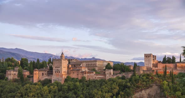 Alhambra palace on top of the hill 4K timelapse, Granada, Andalucia, Spain
