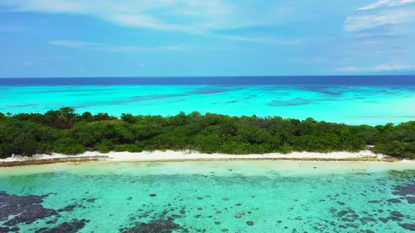 Aerial abstract of relaxing island beach adventure by shallow ocean with white sand background of jo