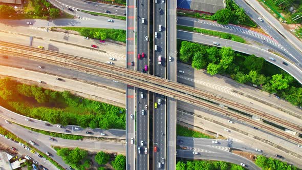 Stunning Aerial view drone shot above freeway traffic