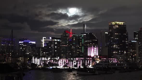 Panning view of the skyline in San Diego at night