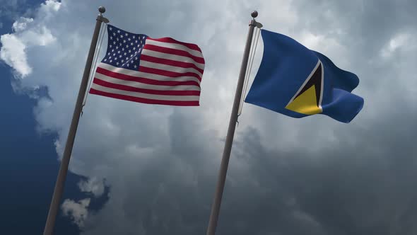 Waving Flags Of The United States And The Saint Lucia 4K